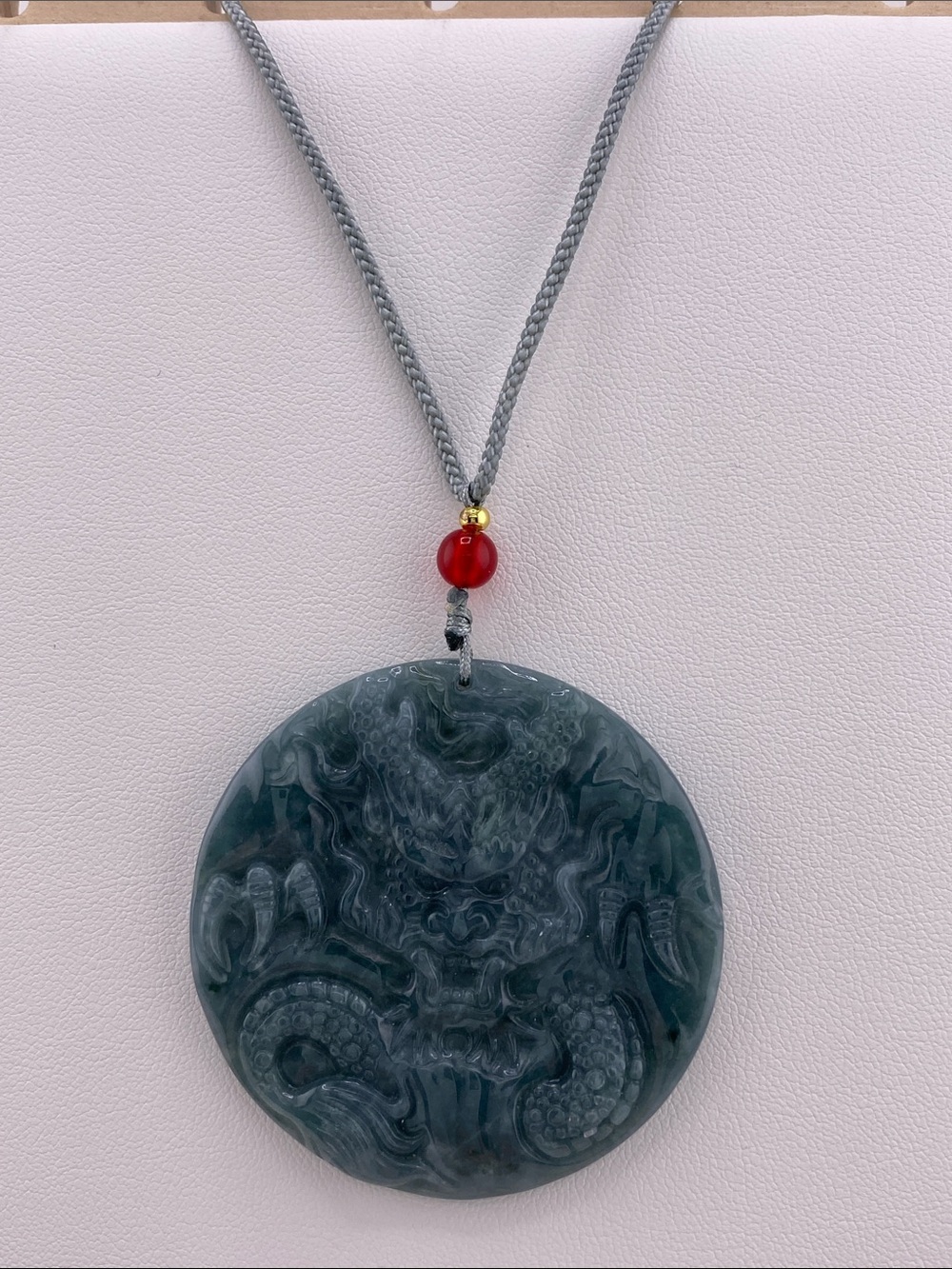 Hand-Carved Dark Green Dragon Jade Pendant Necklace with Red Accent